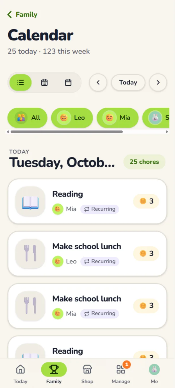 The family calendar in agenda view: today's chores with who's doing them and their coins