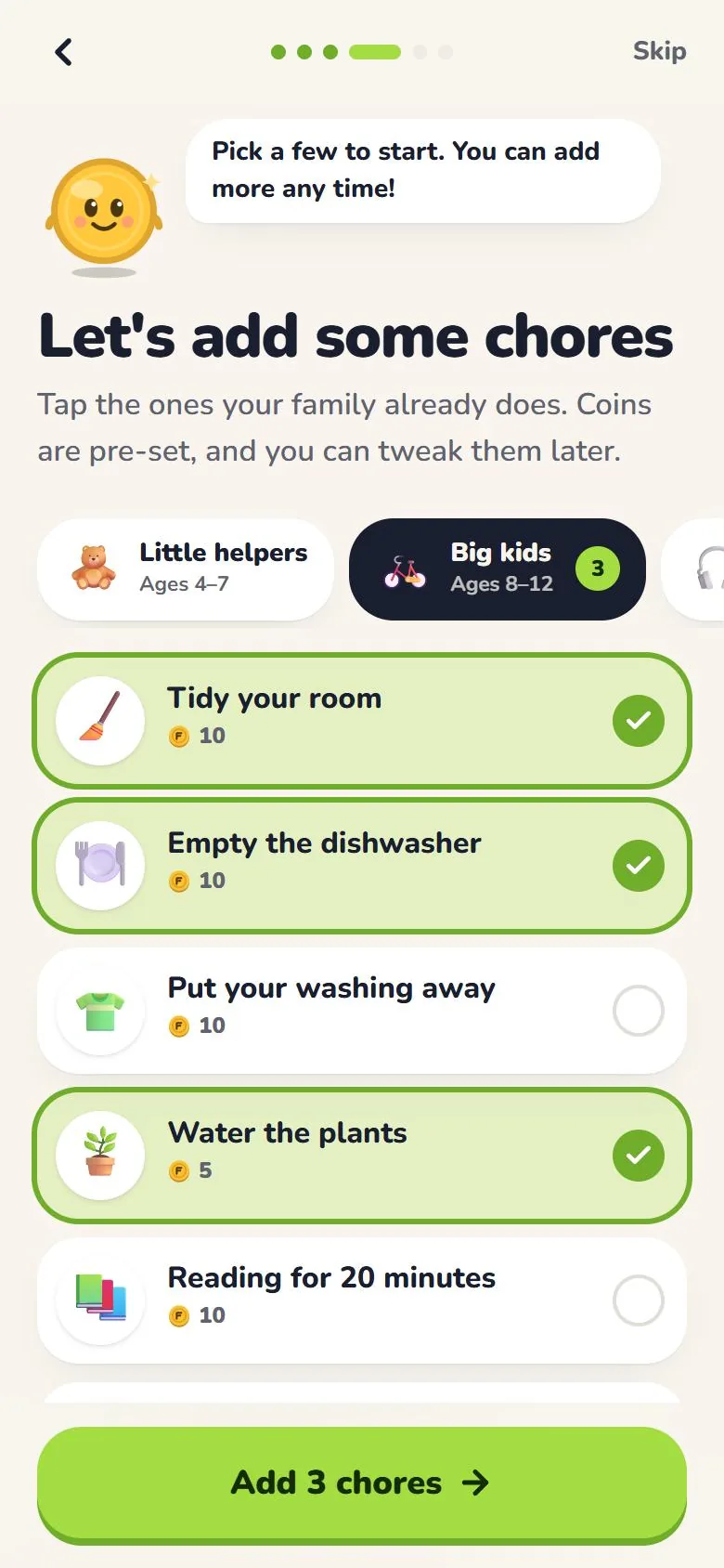 Choosing starter chores for big kids during set-up